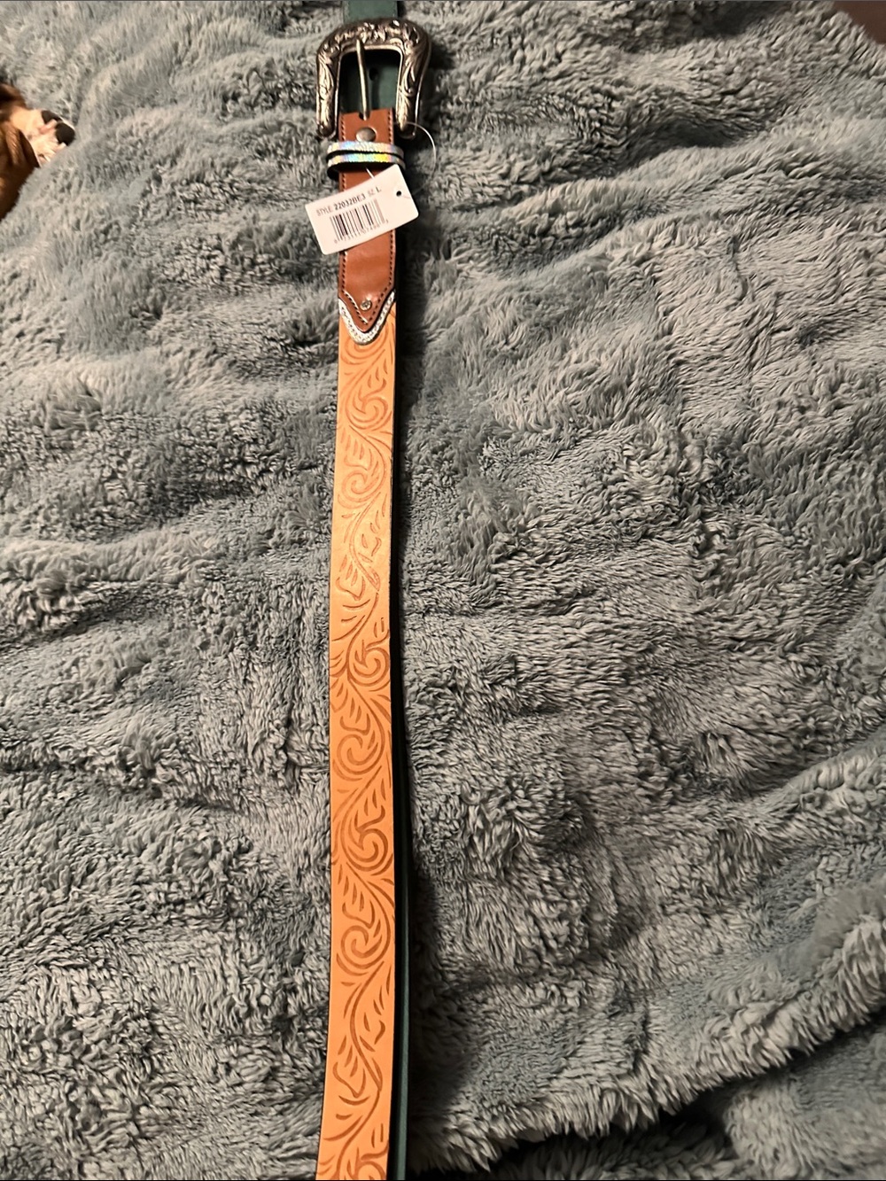Tooled Tan Leather Belt with Decorative Silver Buckle